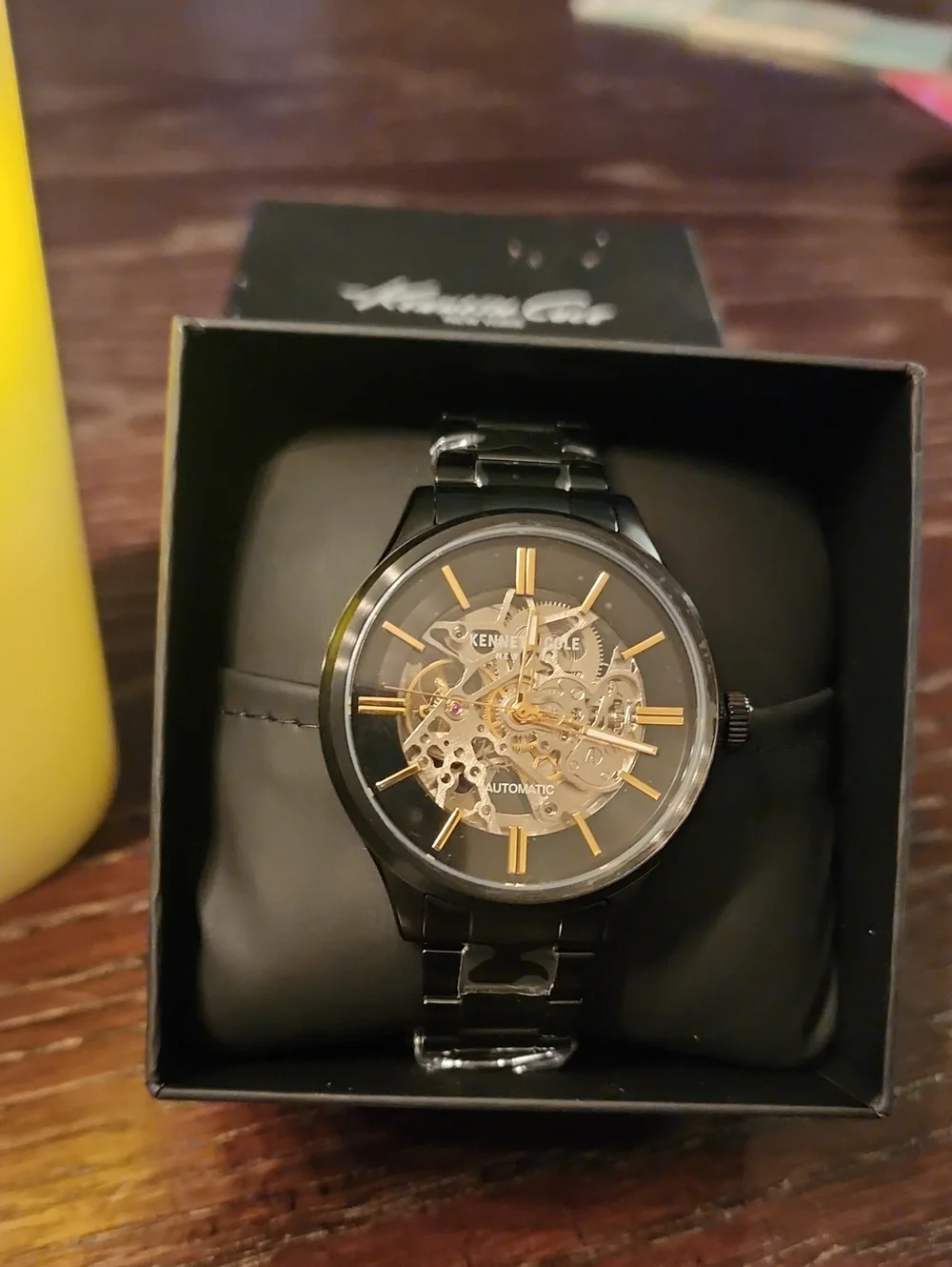 NWOT Kenneth Cole Black and Gold Automatic Skeleton Men's Watch